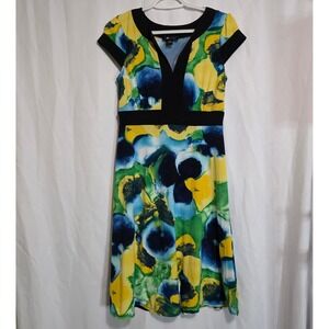 AB Studio Womens Watercolor Floral Empire Waist Cap Sleeve Dress Yellow Blue S